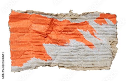 Torn corrugated cardboard paper with orange paint texture