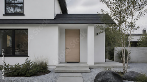 Modern minimalist white house exterior with clean lines and natural landscaping emphasizing simplicity and elegance in