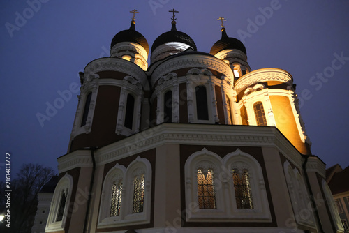 Low angle view of illuminated Alexander Nevsky Cathedral with onion domes at night in Tallinn, Estonia