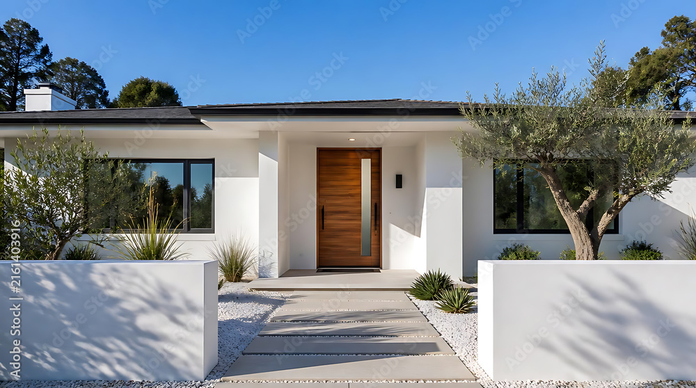 Fototapeta premium Modern minimalist single-story house with clean white fa?ade, wooden door, and landscaped yard under clear blue sky