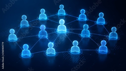 Glowing blue digital human avatars connected in a web network representing online community teamwork and corporate organizational structure