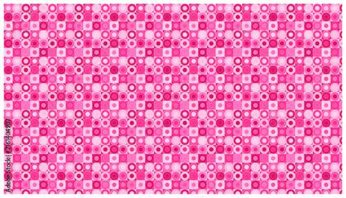Geometric pink circle pattern background with retro polka dot elements for playful feminine textile design.