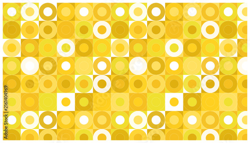 Minimalist geometric seamless pattern with yellow circles in white square grid for wallpaper design.