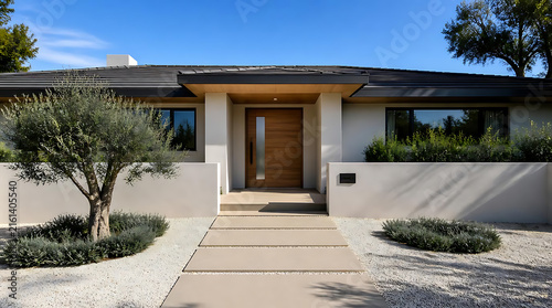Modern minimalist single-story house with lush landscaping and clean architectural lines showcasing contemporary residential