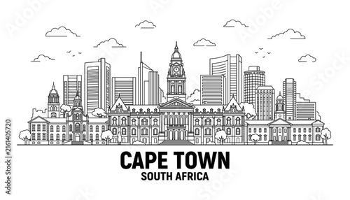 Cape Town South Africa city skyline building banner horizontal stroke line art panoramic outline architectural panorama vector design