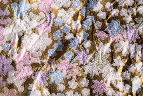 Flowers on Gold backdrop Crumpled Origami Paper with Traditional Japanese Pattern