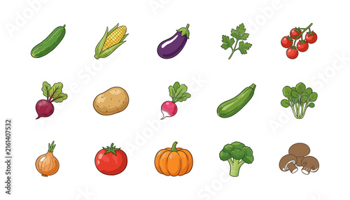 Colorful vector icon set of fresh organic vegetables and agriculture produce including cucumber corn and eggplant