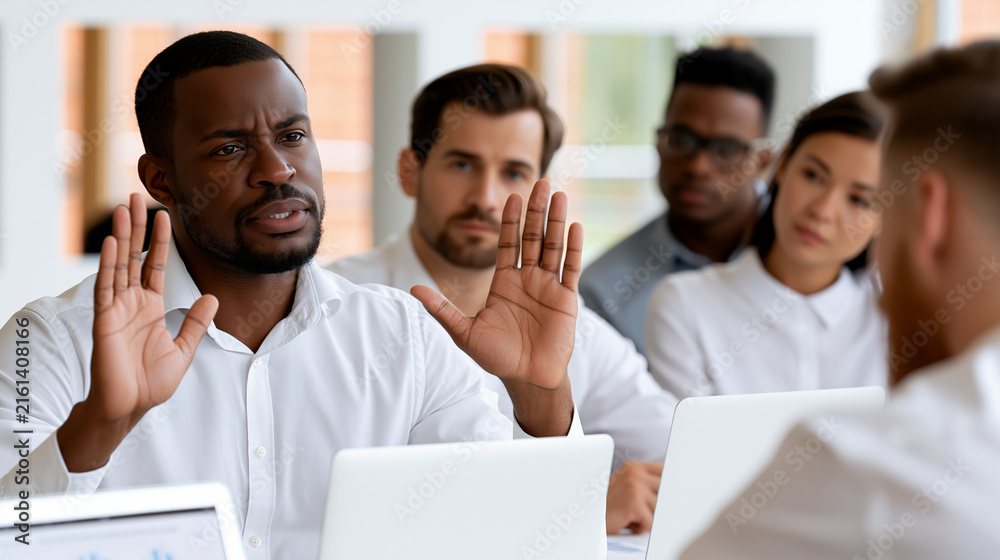 Fototapeta premium Businessman raising hands during heated discussion with diverse colleagues in modern office, capturing constructive disagreement and collaborative decision-making culture.
