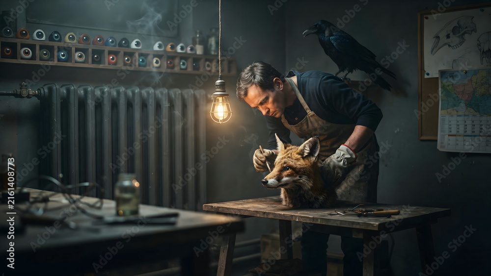 Naklejka premium Skilled Craftsman Working on Taxidermy in Cozy Workshop Setting