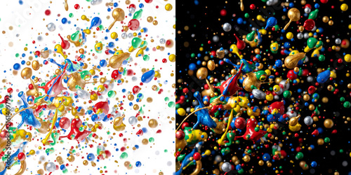 Dynamic Multi-Colored Liquid Paint Splashes Floating Against Dual Contrast Backgrounds