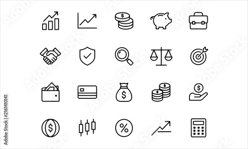Konstfotografi Set of 20 line icons related to investment, investor, risk management, economy,