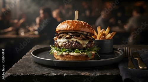 Gourmet burger with fries on black plate in restaurant setting