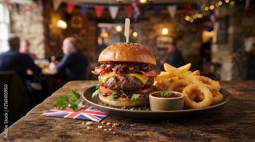 Delicious gourmet burger with fries in a cozy restaurant setting