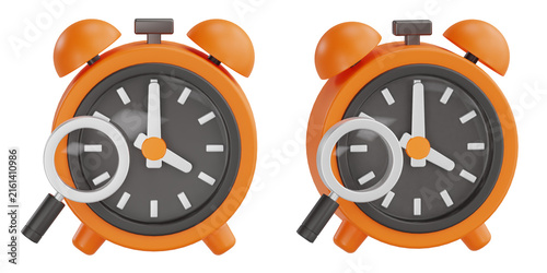 3d render orange alarm clock with magnifying glass for search time tracking