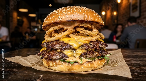 Close-up of a juicy smashed beef burger with melted cheese and crispy onions