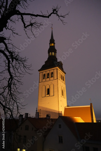 Low angle view of illuminated St. Nicholas Church tower with bare tree at night in Tallinn, Estonia