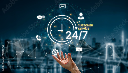 Concept of 24-hour customer service. Providing constant, non-stop support and assistance through multiple channels like phone, email, and chat for customer satisfaction. Fermion