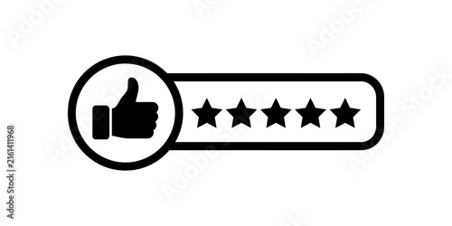 Quadro su tela Five star rating bar with thumbs up black icon for feedback review