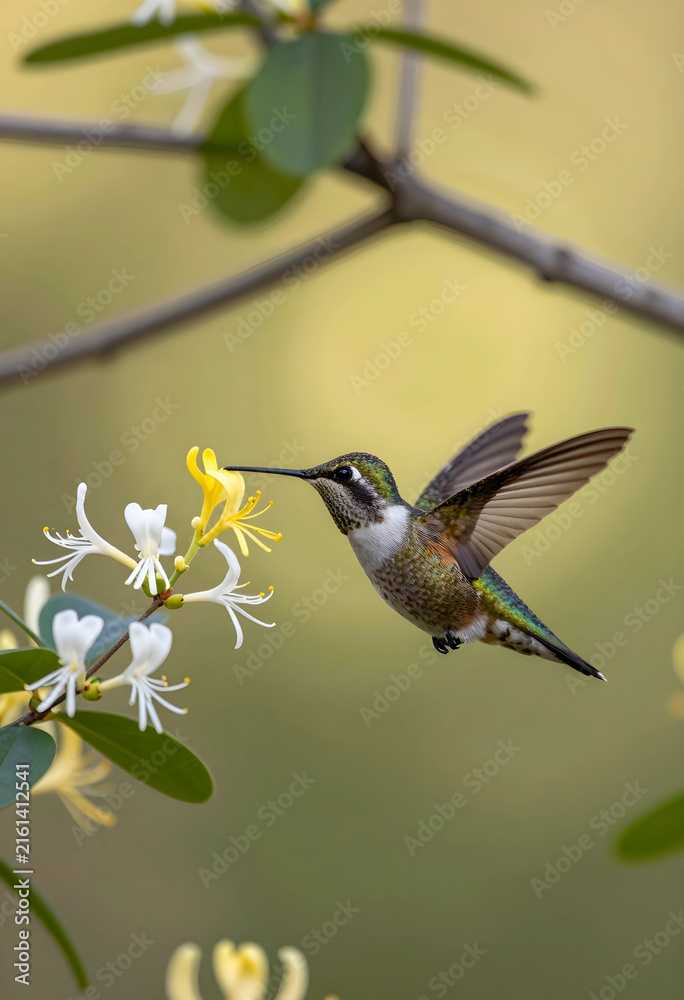 Naklejka premium Pollination and biodiversity, hummingbird feeding on honeysuckle flower, nature and wildlife conservation