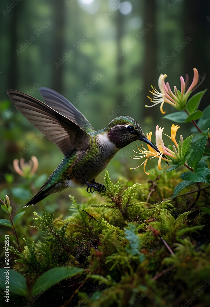 Naklejka premium Pollination and biodiversity in nature, hummingbird feeding on honeysuckle flower in a lush green forest environment