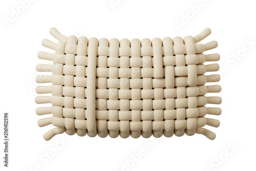 3d Cartoonish Cream woven fabric strip top view isolated. Frayed edge textile sample isolated on white background 