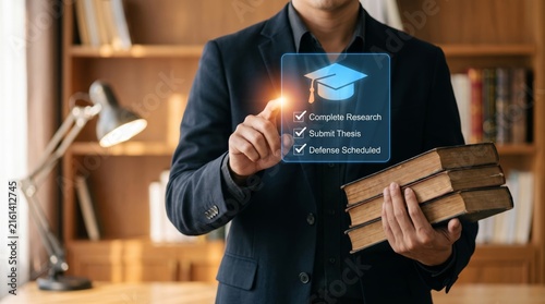Professional leveraging a futuristic holographic interface to manage academic research and thesis progress, symbolizing modern digital education and scholarly achievement