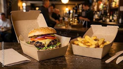 Delicious beef burger with fries in takeaway box, fast food meal