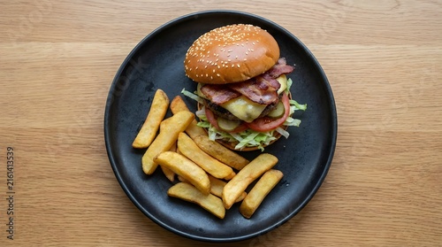 Juicy beef burger with fresh vegetables and crispy fries
