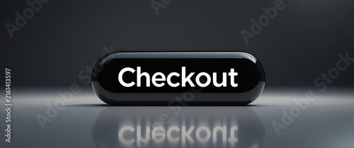 Glossy black checkout button on reflective surface with soft light, Black Friday concept