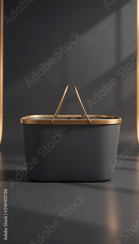 Matte graphite shopping basket with champagne metal edges on a solid charcoal background
