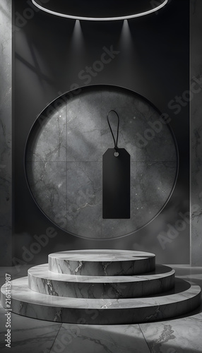 Obsidian podium with hanging price tag casting shadow in monochrome studio aesthetic
