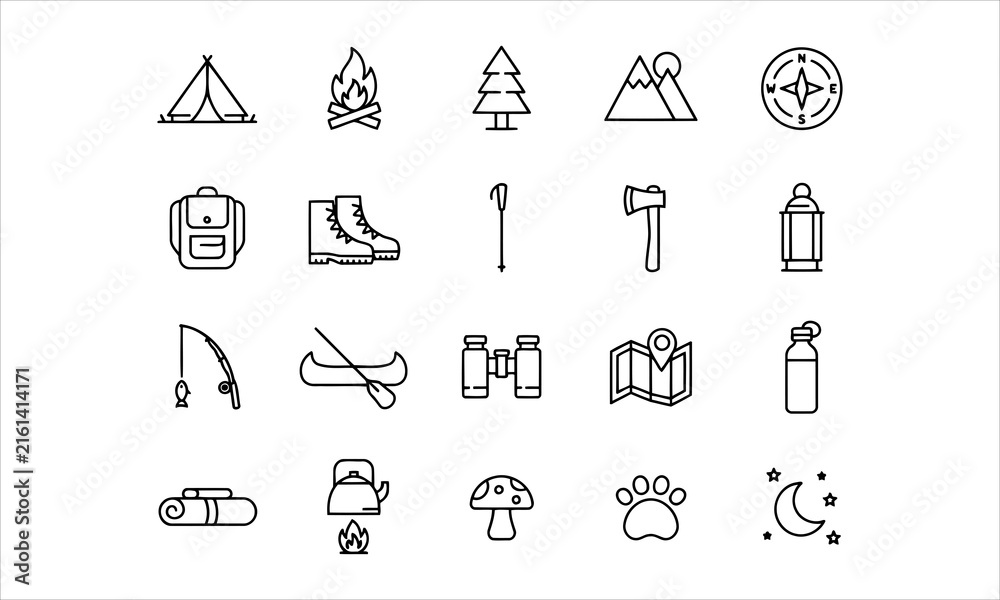 Fototapeta premium Set of 20 line icons related to outdoor, camping. camp, tools, adventure, trekking. Editable stroke Vector illustration.