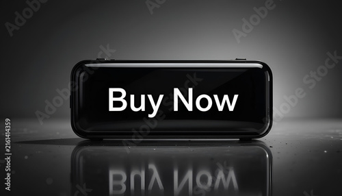 Black glossy buy now button with reflection on acrylic surface, monochrome background
