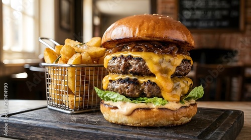 Juicy double cheeseburger with crispy fries on rustic table