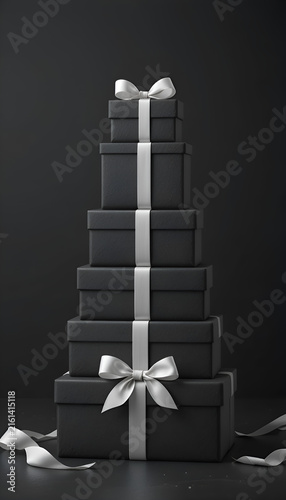 Stack of matte black gift boxes with silver ribbons on a dark background
