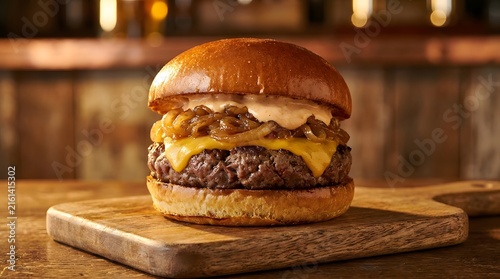 Juicy gourmet beef burger with cheese and toppings on wooden board