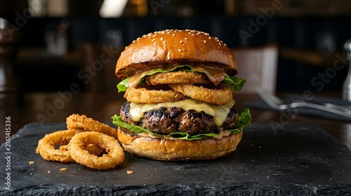 Gourmet beef burger with fresh toppings on rustic table