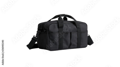 Black fabric equipment carrying bag with shoulder strap with professional on transparent background