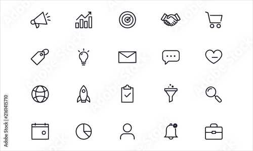 Quadro su tela Set of 20 line icons related to sales and marketing
