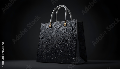 Structured black shopping bag with white handles on a dark minimalistic background