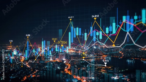 Financial stock market candlestick chart with glowing trend lines overlaid on a night city skyline showing economic growth and investment data