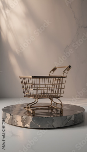 Shopping cart on polished bronze acrylic with champagne highlights in soft lighting
