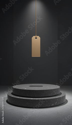 Minimalist studio with black tones featuring a graphite podium and champagne price tag
