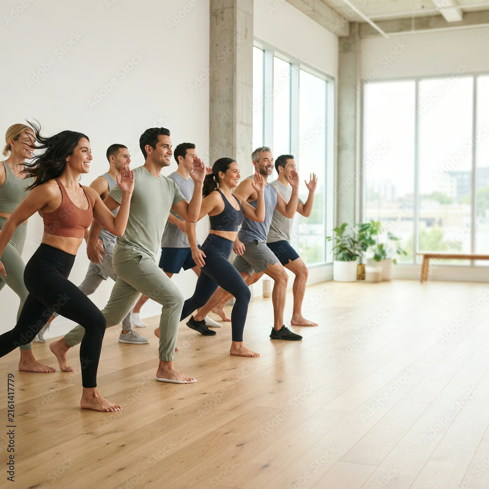 Fototapeta premium Group of diverse people performing dynamic fitness exercise in bright modern sunlit studio space