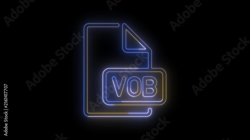 Neon glowing VOB file icon representing a digital video file format on a dark background. Modern multimedia, video storage, digital media, file management, and technology concept.