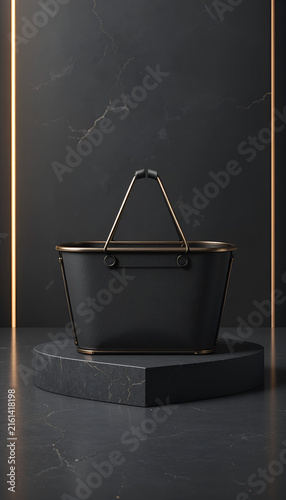 Matte graphite shopping basket with champagne metallic edges on a solid charcoal gray background