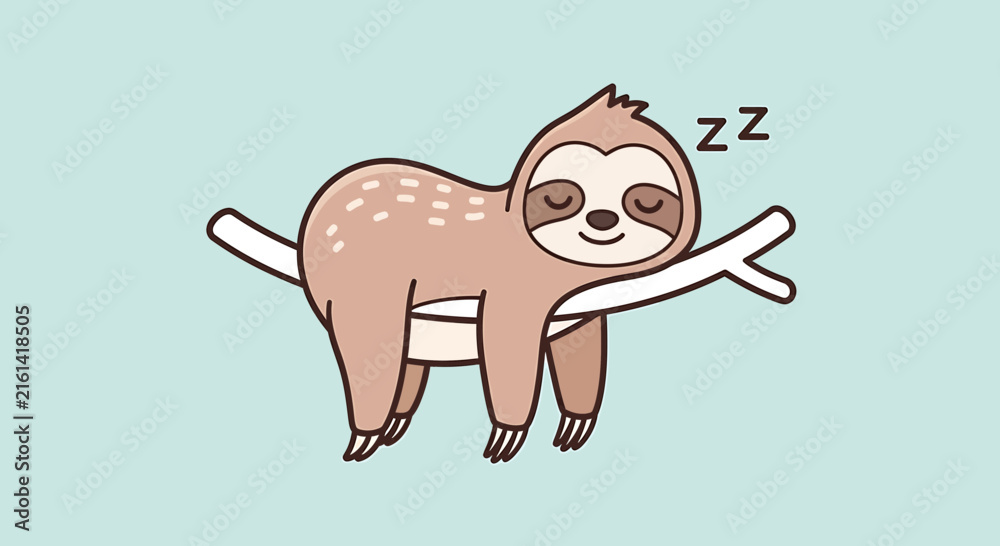 Naklejka premium Cute cartoon sloth sleeping on a tree branch, peaceful and relaxed, with 'zzZ' text.