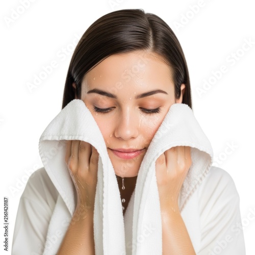 Beautiful Woman Gently Drying Her Face with a Soft White Towel.