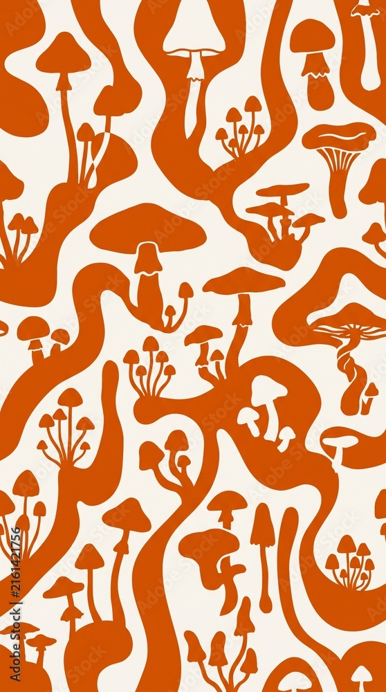 Retro 70s Psychedelic Mushroom Seamless Pattern, Groovy Burnt Orange Fungi Background