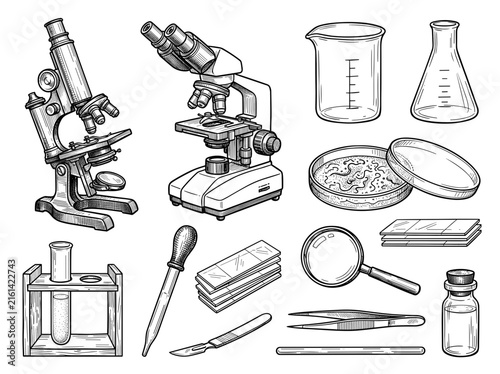 Scientific laboratory equipment set, hand drawn vintage microscope, chemistry glassware and research tool, isolated on white background